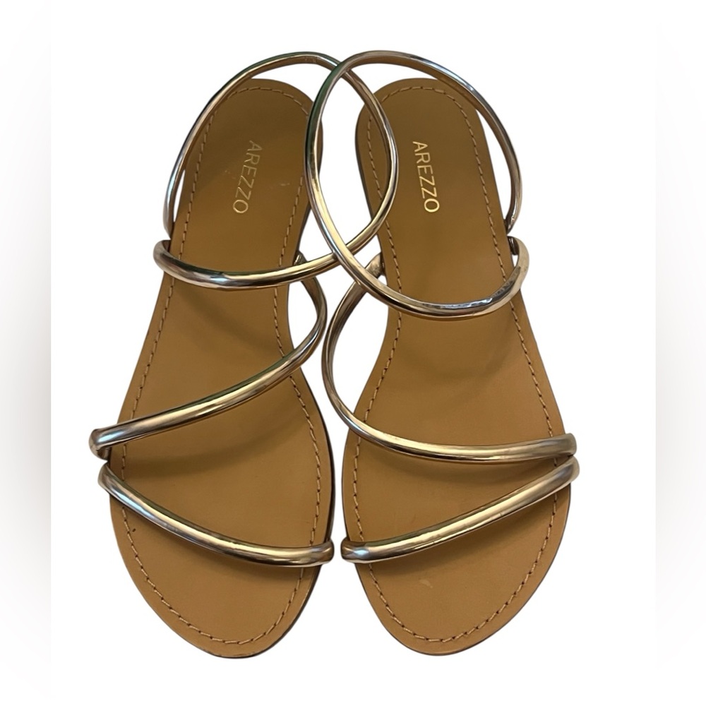 Arezzo Metallic Gold Strappy Tan Footbed Sandals